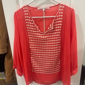 Collective Concepts Coral Sheer Blouse with Cream Dot Panel